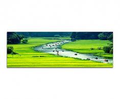 Panoramabild auf Leinwand und Keilrahmen 150x50cm Vietnam Landschaft Reisfeld Fluss Boote Wald