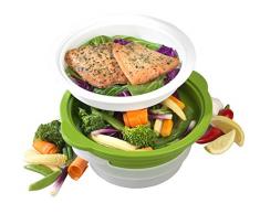 SALTER BW06259 DUOsteam-Dampfgarer mit Silikondeckel für gesunde Gemüse, Fleisch-und Fischgerichte aus der Mikrowelle, Grün, Plastik, Weiß/Grau