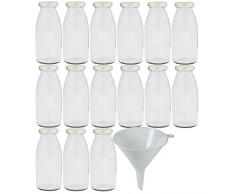 Viva Haushaltswaren - 15 x Glasflasche 250 ml mit silberfarbenem Schraubverschluss, als Milchflasche, Saftflasche & Smoothieflasche verwendbar (inkl. Trichter Ø 12 cm)