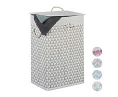 Relaxdays Wäschekorb Bambus, 80 l, rechteckig, Deckel, faltbar, Dreieck-Motiv, Wäschesammler, 65x44x33,5cm, beige-grau