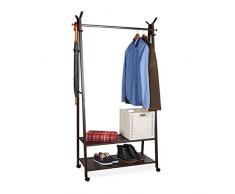 Relaxdays Kleiderständer Metall auf Rollen, 2 Schuhablagen, 16 Schuhe, Kleiderstange, HxBxT: 180 x 102 x 44 cm, braun