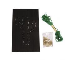 Rayher 70026000 Bastelset Nagelbild Motiv Kaktus Holzplatte, schwarz, 12 x 20 x 0,9 cm, 1 Strang grünes Garn, 87 Ziernägel, Fadenspannbild