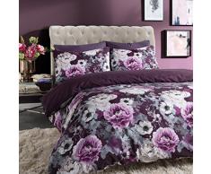 Sleepdown Inky Floral Blue Wende-Bettbezug, Baumwolle Polyester, violett, Doppelbett