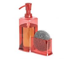 iDesign Küchenorganizer mit Seifenspender und Halter, Schwammhalter Küche aus Kunststoff, wiederbefüllbarer Pumpseifenspender, rot, 16,5 cm x 7,9 cm x 21 cm