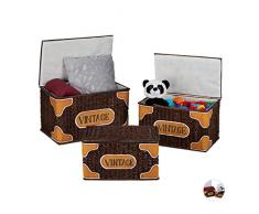 Relaxdays Aufbewahrungskorb 3er Set, mit Deckel, handgefertigt, Vintage Design, Spielzeug, Wäsche, Rattankorb, braun, 3 Stück