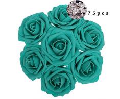 Carreking Künstliche Rosen 75 Stück echt aussehende Cremefarbene Kunstrosen DIY Hochzeit Blumensträuße Dusche Party Home Dekorationen Arrangements Party Home Decor Teel Green+Diamond