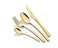 Monix Pisa Gold Besteck-Set, 24-teilig, hochglanzpoliert, goldfarben, Edelstahl 18/10, zeitgenössisches Design, Stärke 3 mm