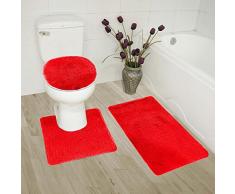 Fancy Linen 3-teiliges Anti-Rutsch-Badematten-Set für Badezimmer, U-Form, Konturteppich, Matte und WC-Deckelbezug rot