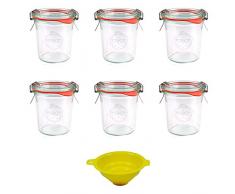 Viva Haushaltswaren - 6 x kleines Weckglas/Einmachglas 140 ml mit Deckel in Sturzform, leeres Rundrandglas zum Einkochen - als Marmeladenglas, Dessertglas (inkl. Klammern, Ringen & Trichter)