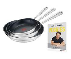 Tefal E011S3.VEG Special Edition Jamie Oliver Brushed Pfannenset, 3-teilig, bestehend aus 20 cm (E85602), 24 cm (E85604) und 28 cm (E85606), inkl. exklusivem Jamie Oliver Veggie Rezeptheft