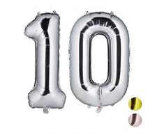Relaxdays Folienballon Zahl 10, Riesenballon zum Geburtstag, Deko, Zahlenballon fÃ¼r Luft & Helium, 85-100 cm, Silber