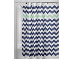 InterDesign Chevron Duschvorhang Textil | pflegeleichter Duschvorhang aus Stoff mit verstärkten Löchern | Badewannenvorhang mit Zickzack-Muster | Polyester navyblau/mint