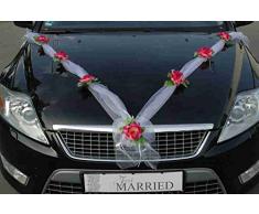 Organza M Auto Schmuck Braut Paar Rose Deko Dekoration Hochzeit Car Auto Wedding Deko Girlande PKW (Burgund/Weiß)