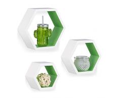 Relaxdays Wandregale sechseckig, Hängeregale 3er Set, schwebende Dekoregale, Holzregale schmal, stabil, MDF, weiß/grün