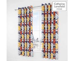 Catherine Lansfield Vorhang mit Ösen, Retro-Blumenmuster, pflegeleicht, 168 x 183 cm, Marineblau