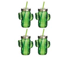 KitchenCraft Bar Craft tropischen Chic Neuheit Glas Trinken Gläser mit Trinkhalme, 400 ml-Cactus Design (grün), 4 Stück, 6,5 x 10,5 x 20 cm