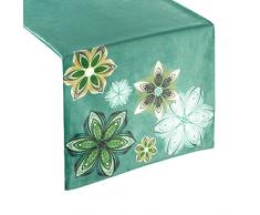 Eurofirany Tischdecke Tischläufer Samt Blumenmuster Blumen Tischdekoration Tischband Tischtuch Velvet Edel Elegant 1 STK, Türkis, 35 x 140 cm
