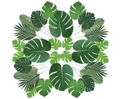 Auihiay 60 x Künstliche Palmenblätter, 6 Arten künstliche Fensterblätter, tropische Pflanzen mit Stiel, Safari-Blätter für hawaiianische Luau-Party, Dschungel-, Strand-Mottoparty, Tisch-Blätterdekoration