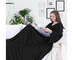 DecoKing 97298 TV-Decke 150x180 cm schwarz Microfaser Kuscheldecke mit Ãrmeln und Taschen Mikrofaserdecke Fleecedecke weich sanft FüÃtasche Tagesdecke Black Lazy