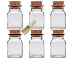 Viva Haushaltswaren - 6 x Gewürzglas eckig 150 ml, Glasdose mit Korkverschluss als Gewürzdose & Vorratsdose für Gewürze, Salz etc. verwendbar (inkl. kleiner Holzschaufel 7,5 cm)