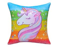 ICOSY Einhorn Dekokissen Abdeckung Meerjungfrau Einhorn Gedruckt Kissenbezug Reversible Pailletten Dekorative Kissenbezüge 40cmx40cm (Regenbogen Einhorn/Silber)