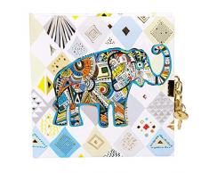 Goldbuch Tagebuch, Ethno Elephant, 96 weiße Seiten, 16,5 x 16,5 cm, Schloss mit 2 Schlüsseln, Kunstdruck mit Goldprägung und Relief, Weiß, 44341