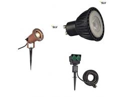 SLV LED Strahler NAUTILUS XL im 3er Set + Leuchtmittel und Erdspieß-Steckdose | Außenlampen zur Beleuchtung von Garten, Terrasse, Wegen, Teich | Aussen-Leuchte, Außen-Strahler | IP65, GU10, 1,5m Kabel