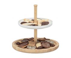 Relaxdays Etagere Bambus und Keramik, 2-stöckig, Servierplatte, DxH: 25 x 25 cm für Kekse, Obst, Knabberzeug, natur-weiß