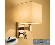 HARPER LIVING 1xE27/ES Up Down Wandleuchte mit Einstellbar LED Leselicht, 1 USB Hafen und 2 an/aus schaltet, poliertes Chromende, weißer Stoffschirm, (Quadrat Schatten)