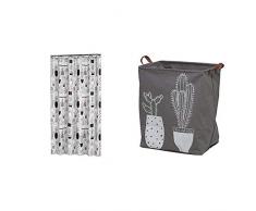 Sealskin Duschvorhang Cactus, Farbe: Grau, B x H: 180 x 200 cm + Cactus Wäschekorb, Wäschesammler aus Stoff mit Griffen in Lederoptik, Farbe: Grau, verschließbar