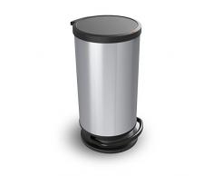Rotho Paso 30 Liter rund, geruchsdichter Abfalleimer aus Kunststoff in Edelstahl-Optik (PP), Treteimer mit 20 Liter Inhalt, Silber metallic, ca. 35,7 x 30,2 x 59,2 cm Mülleimer mit Tretfunktion und Klappdeckel