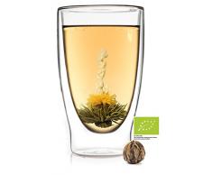 Feelino 1x 400ml XL doppelwandiges Thermoglas + 1x Bio-Teeblume aus weißem Tee mit natürlichen Blüten/doppelwandiges Thermo Glas mit Schwebe-Effekt