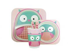 Jocca Bambus Kinder Geschirrset Eule Rosa Grün Weiß 25,5 x 23,5 x 9,5 cm