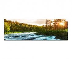 Panoramabild auf Leinwand und Keilrahmen 150x50cm Norwegen Wald BÃ¤ume Fluss Sonnenstrahlen