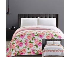DecoKing 32411 Tagesdecke 220x240 cm Mikrofaser Bettüberwurf Steppung Blumenmuster zweiseitig pflegeleicht weiß rosa orange Lachsfarben grün English Rose