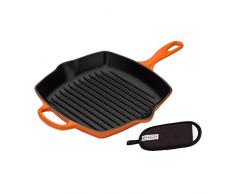 Le Creuset Gusseisen Grillpfanne Signature quadratisch 26 cm, ofenrot & Le Creuset Griffüberzug Klassik schwarz