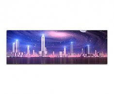 Panoramabild auf Leinwand und Keilrahmen 150x50cm Stadt Skyline Nacht Sterne futuristisch Fantasie