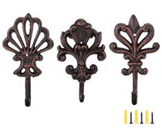 Lewondr Decorative Wall Hooks, 3 Pieces Retro Shabby Chic Style Rustic Wall Hanger Brackets French Country Style Decorations with Fleur De Lis Pattern Home Improvement Decro - Schwarz