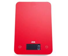 ADE Digitale Küchenwaage KE 927 Slim. Elektronische Waage im schlankem Design (nur 12 mm hoch). Präzise wiegen bis 5kg, Zuwiegefunktion Tara, Sensor-Touch. Auch für Flüssigkeiten. Inkl. Batterie. Rot