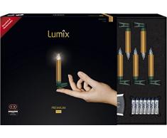 LUMIX Premium Mini, kabellose LED-Mini-Christbaumkerzen, Basis-Set mit 12 Kerzen und IR-Fernbedienung, Flackermodus, Gold, Art. 75443