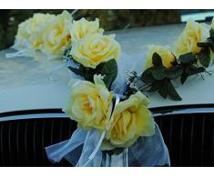 ROSEN GIRLANDE Auto Schmuck Braut Paar Rose Deko Dekoration Autoschmuck Hochzeit Car Auto Wedding Deko (Gelb / Weiß)