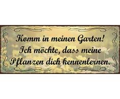 Schatzmix Spruch komm in Meinen Garten. Metallschild 27x10 Wanddeko tin Sign Blechschild, Blech, Mehrfarbig, 27x10 cm