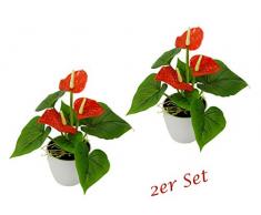Flair Flower Mini Anthurie im Topf, 2er Set, Rot, Kunst-Blume, Flamingo, Künstliche Pflanze, Polyester, Kunststoff, 20 cm hoch, 16 cm breit
