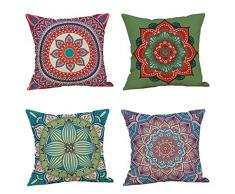 Set von 4 Retro Floral Mandala Kompass Medaillon Bohemian Boho Style Sommer Decor Kissen Fall dekorative für Sofa Couch 45,7 x 45,7 cm Zoll Baumwolle Line Christmas Decor
