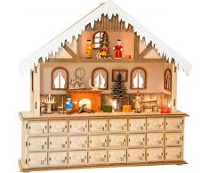 small foot Holz Form, 24 Schubladen mit kleinen Knäufen als Griff, sowie fein gearbeiteter Inneneinrichtung des winterlichen Hauses und Innenbeleuchtung Adventskalender, Natur, 39 x 10 x 38 cm
