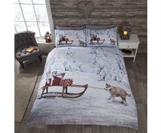 Rapport Bettwäsche-Set mit Husky-Motiv, Hundewelpen mit Schlitten im Schnee, Bettdeckenbezug und 2 Kissenbezüge, Mehrfarbig, Mehrfarbig, King Size