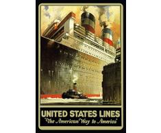 United States Lines- The Amarican Way to America. Nostalgie Schiff - Reklame Blechschild, 20x30 cm Deko