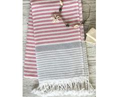 Trend Übergroßes türkisches Handtuch, weiche Frottee-Rückseite, gestreiftes türkisches Badetuch, Strandtuch, Pestemal Badelaken für Übergröße, nautischer Stil, dünnes Hamamtuch, Baumwolle Fouta rot