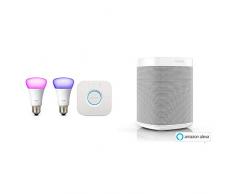 Philips Hue White und Color Ambiance E27 LED Lampe Starter Set, 2 Lampen inkl. Sonos One - Smart Speaker (mit Alexa Sprachsteuerung, WLAN, AirPlay) weiß