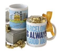 Mopec GD2015 Tasse aus Porzellan „Barcelona is Always a Good idea“, verziert mit Fruchtbonbons, in Geschenk-Box, Pack mit 1 Stück